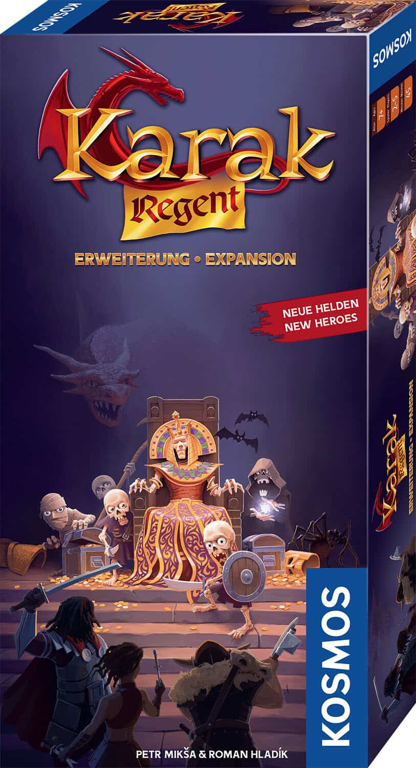 Bild zeigt die Box der Karak Regent Erweiterung mit Drachen und Spielcharakteren.