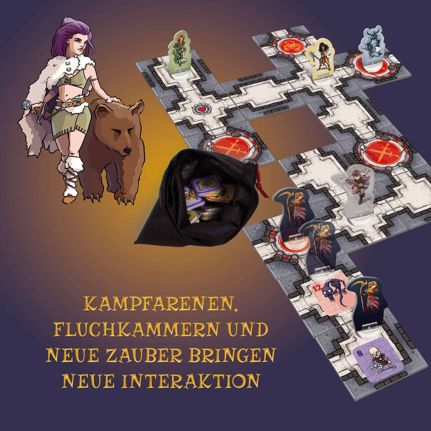 Spielszene mit Figuren, Zauber- und Fluchkarten auf einem Brettspiel.