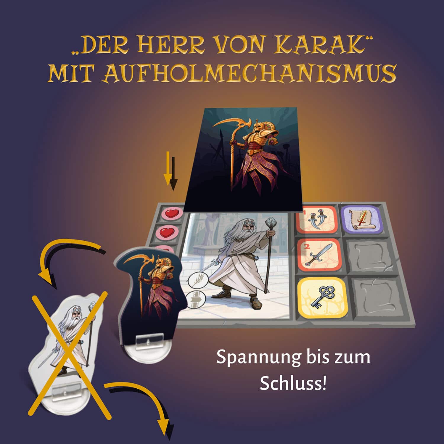 Brettspiel "Der Herr von Karak" mit Spielfiguren und Karten, Nahaufnahme.