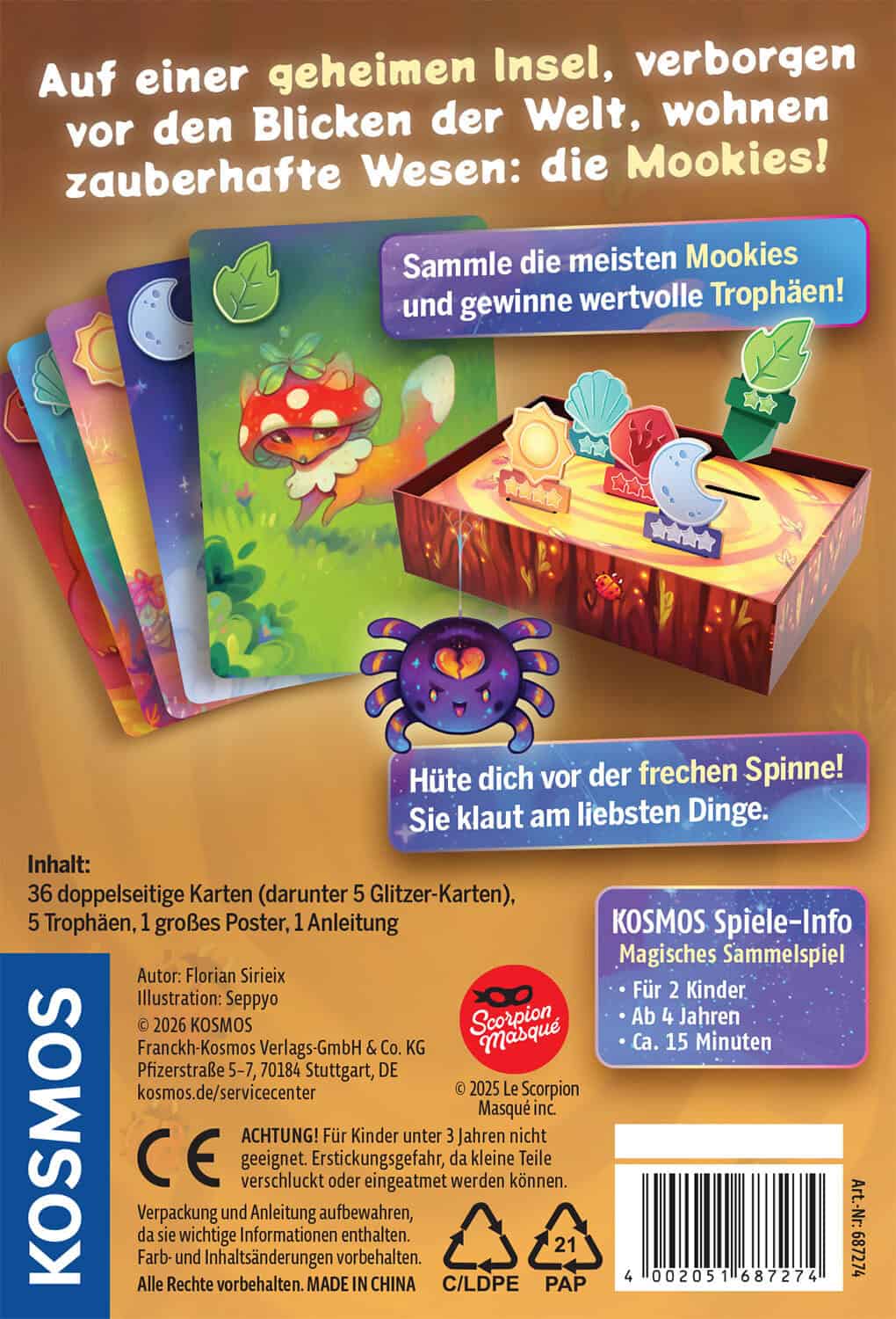 Farbige Mookies-Karten mit Spinnen, Trophäen und einem geheimnisvollen Karton.