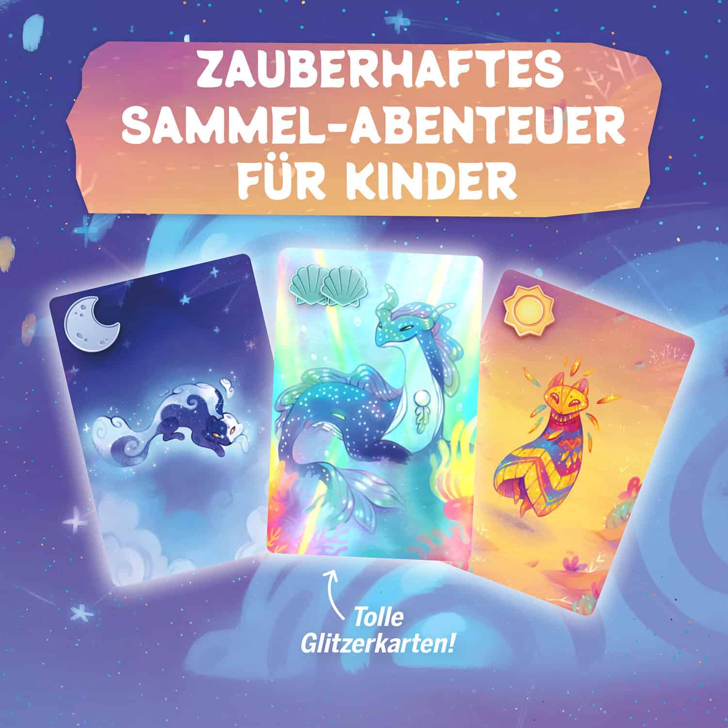 Magische Glitzerkarten mit Fantasiewesen für Kinder, bunt und funkelnd.