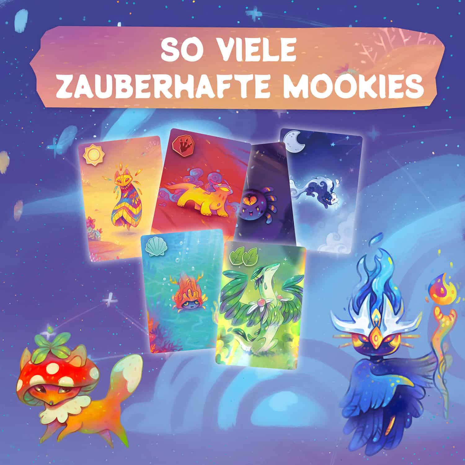 Verschiedene bunte Sammelkarten mit magischen Mookies und Fantasiewesen.