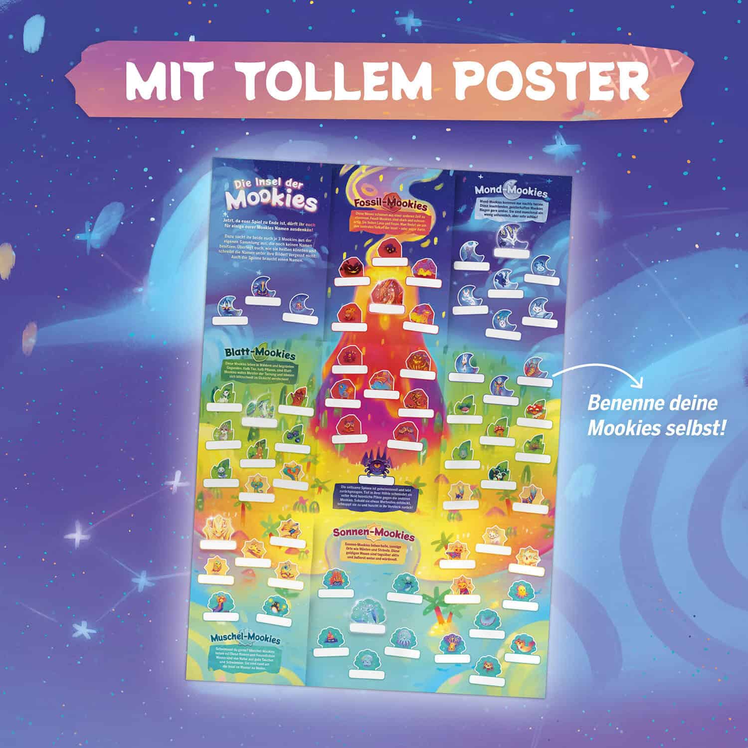 Poster mit Mookies-Charakteren und buntem Himmel, inklusive Spielboxen im Vordergrund.
