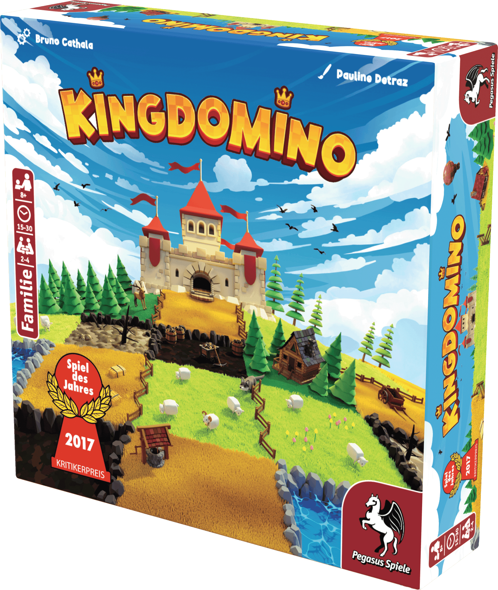 Bild zeigt das Kartenspiel "Kingdomino" mit einer bunten Spielbox, einer Burg und einer Landschaft m.