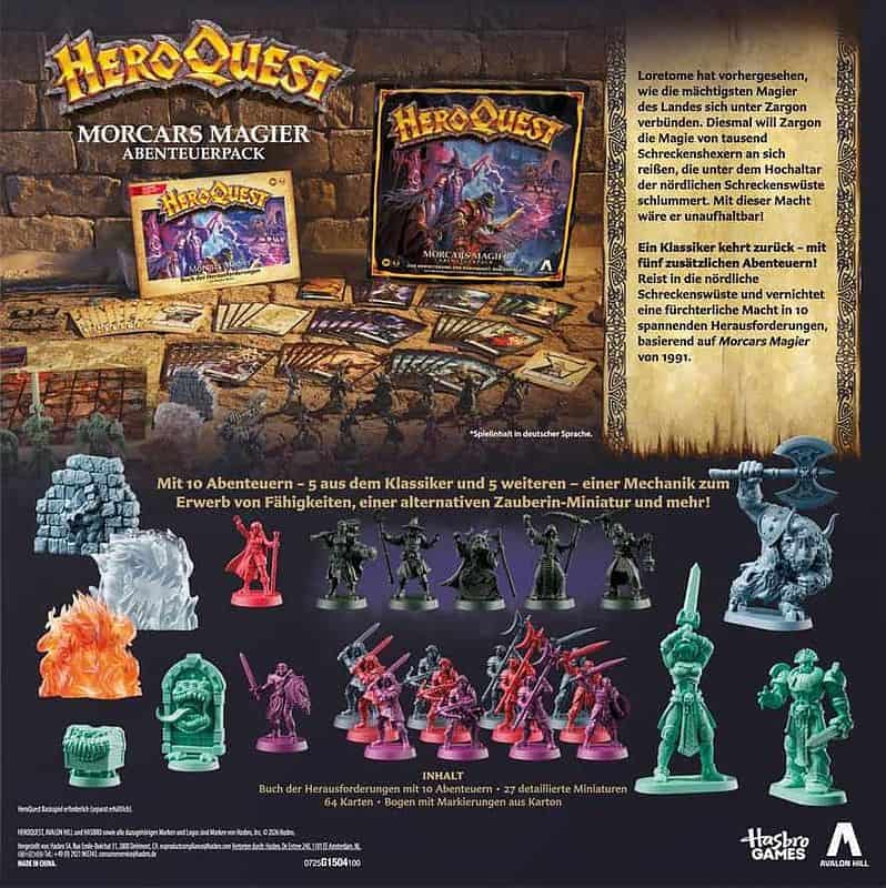 Hero Quest Morcars Magier mit Miniaturen und Spielbox im Hintergrund.