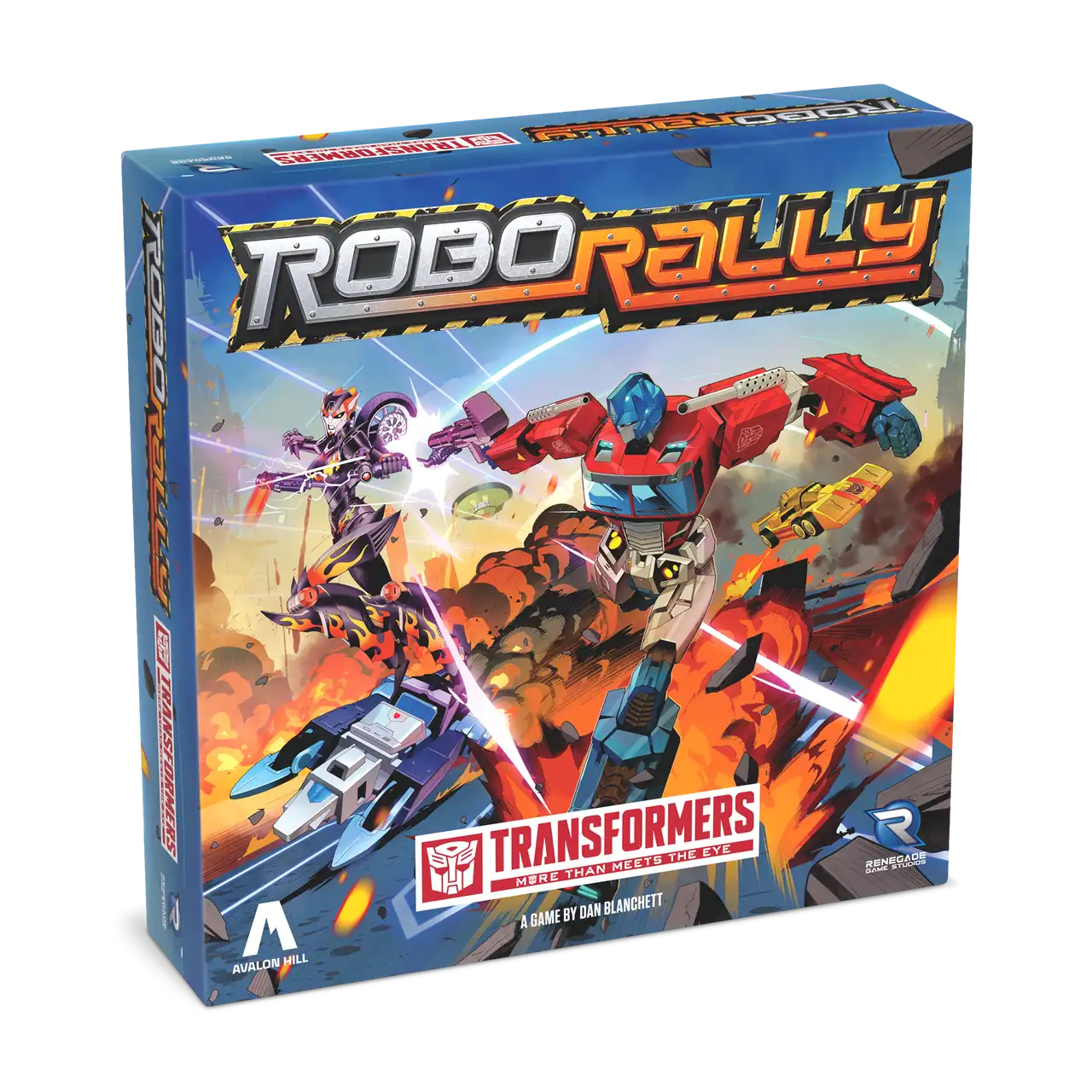 Roboter-Kampfspiel Robo Rally mit Transformers-Design, Spielbox mit Robotermodellen.