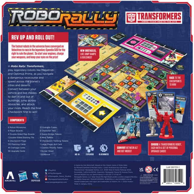 Robo Rally Transformers Spielplan mit Robotern, Spielkarten und Transformers-Figuren.
