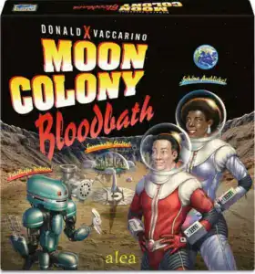 Spielbox mit Astronauten, Roboter und Mondlandschaft.