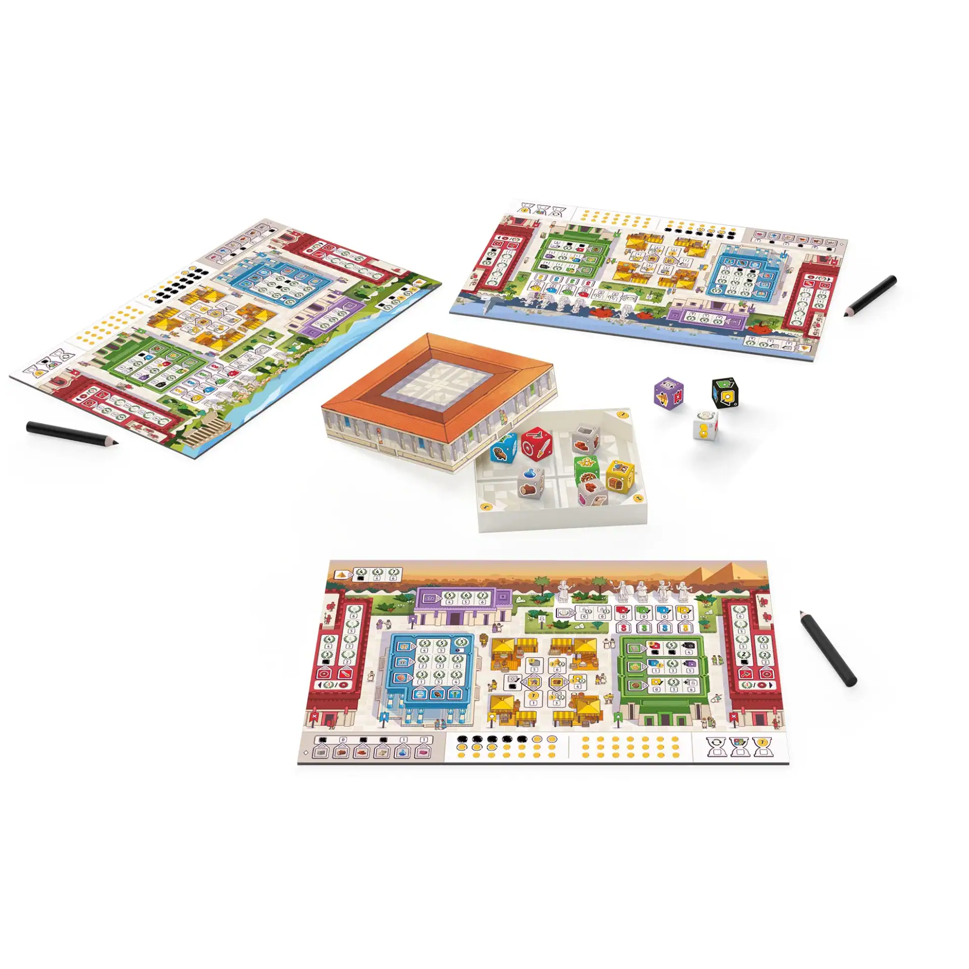 Brettspiel mit Würfeln, Spielbrettern und Spielsteinen.
