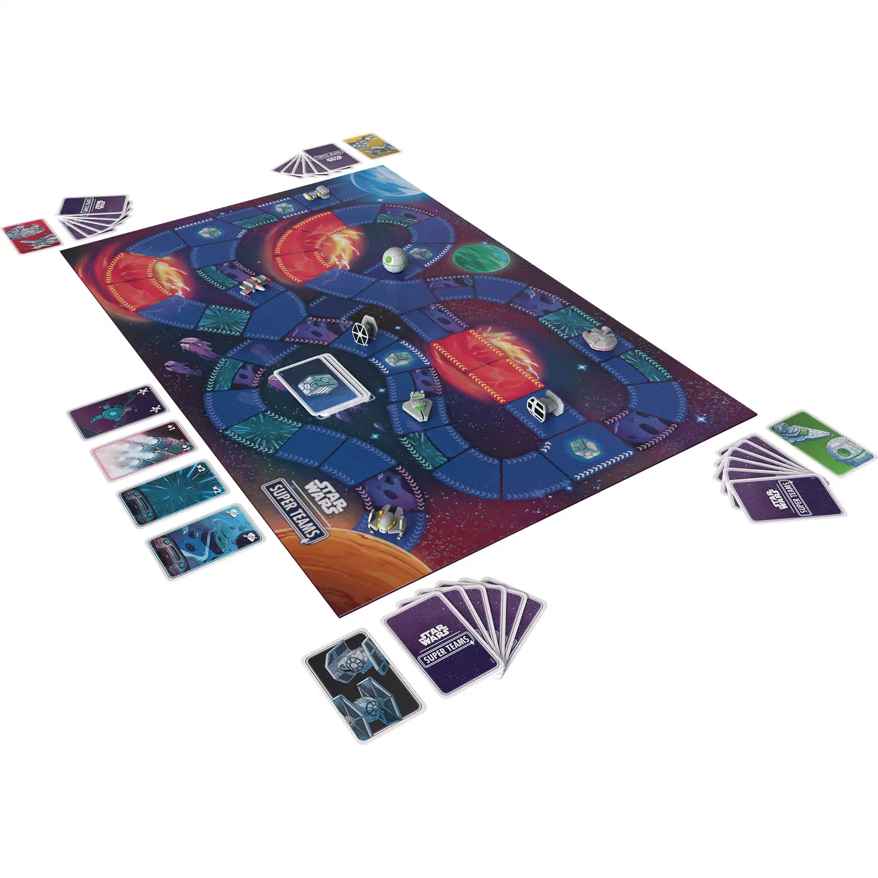 Spielbrett von Star Wars Super Teams mit Karten und Spielfiguren.