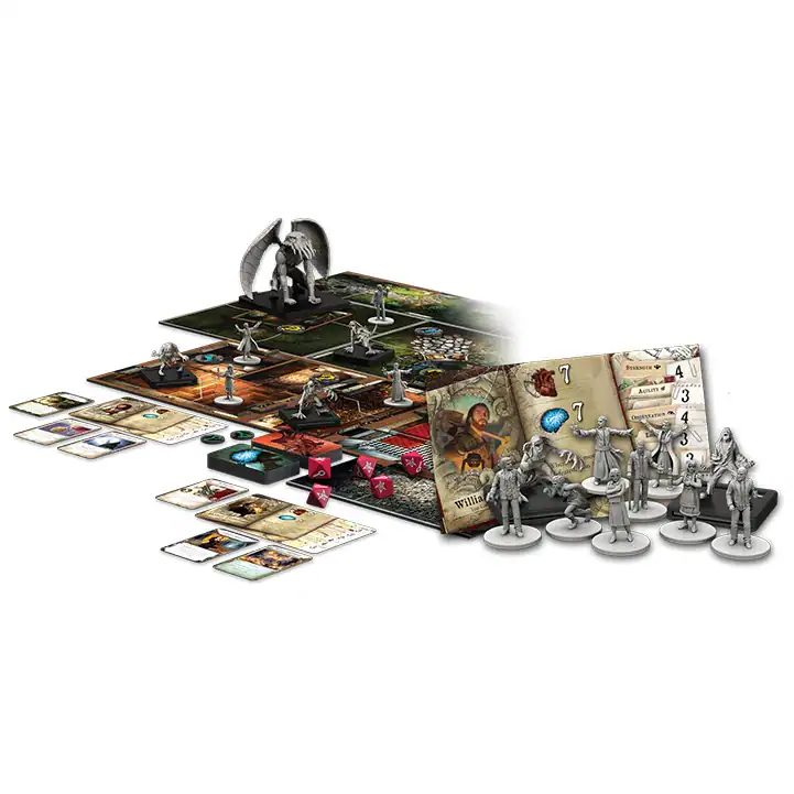 Spielmaterialien für Villen des Wahnsinns 2. Edition, Karten, Figuren und Spielplan.