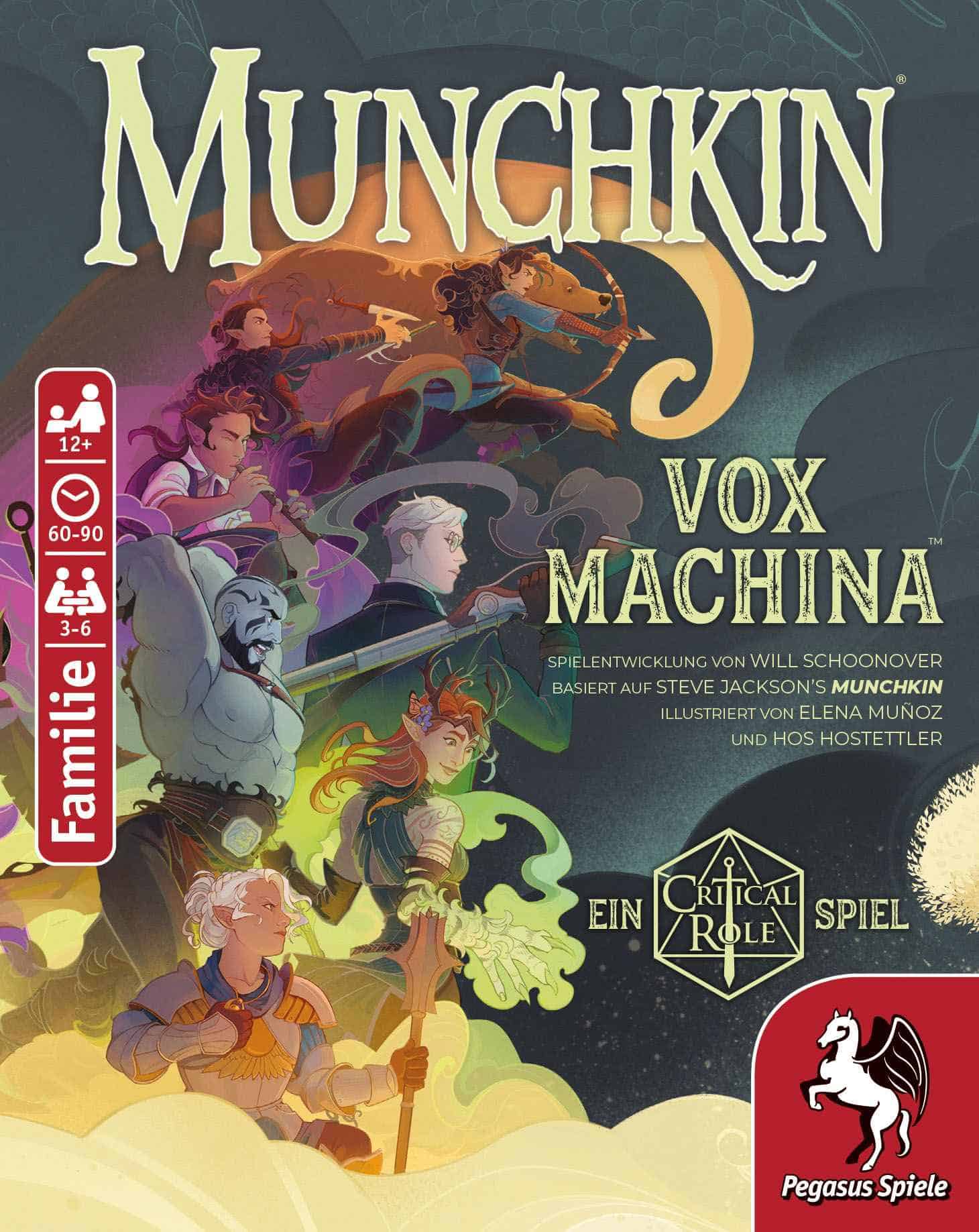 Spielbox mit Munchkin Vox Machina Cover und Charakteren.