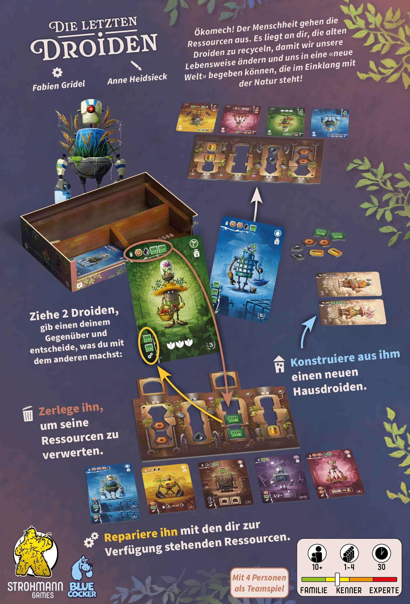 Brettspiel 'Die letzten Droiden' mit Karten, Figuren und Spielbox.