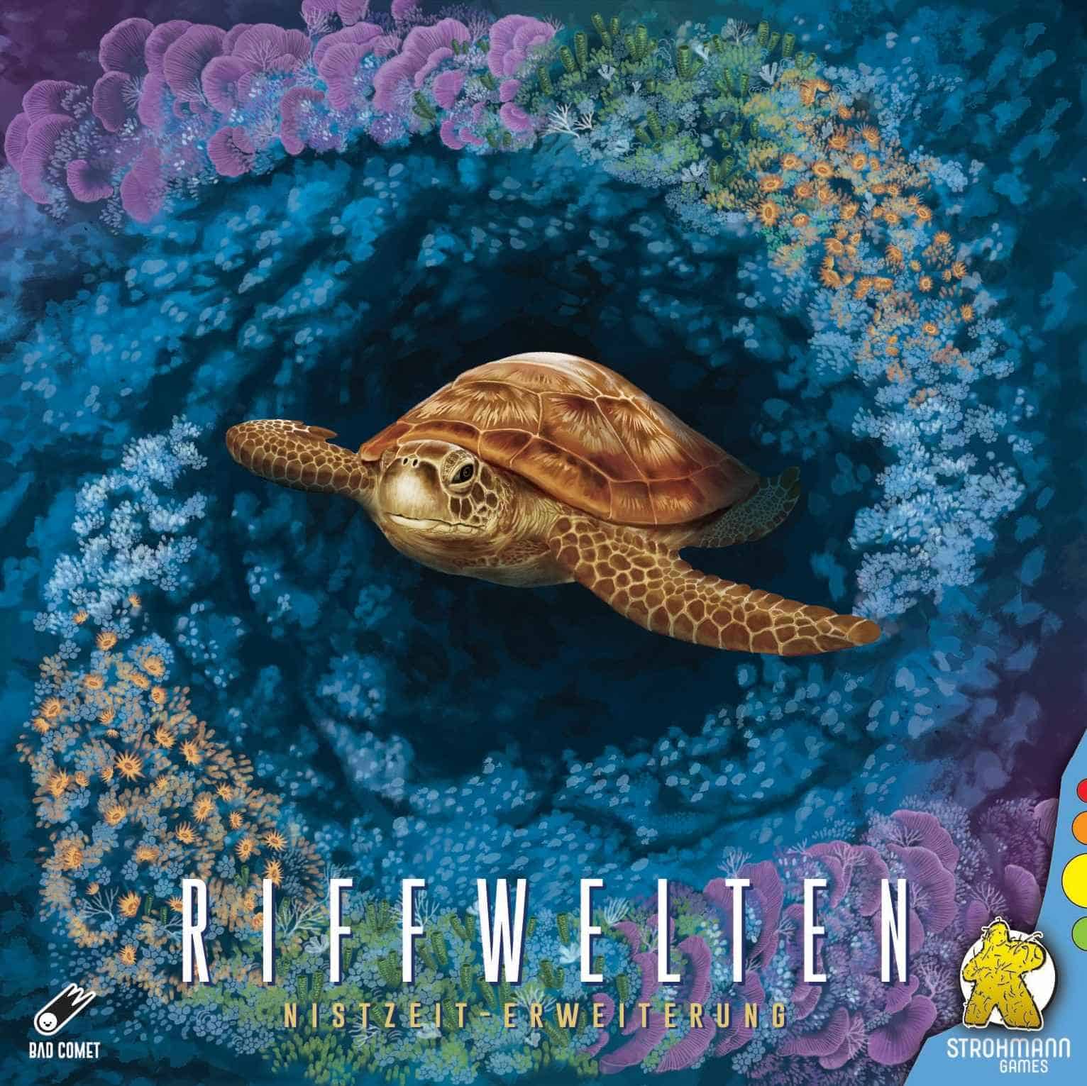 Schildkröte schwimmt in bunten Korallenriffen.