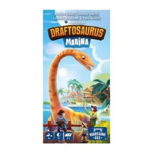 Illustration eines Dinosauriers am Wasser mit Kindern und Palmen.