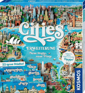 Brettspiel-Box mit Stadt- und Szenenillustration, Spielmaterialien sichtbar.