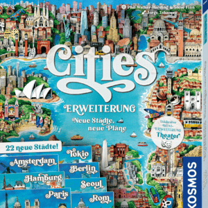 Brettspiel-Box mit Stadt- und Szenenillustration, Spielmaterialien sichtbar.