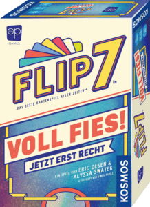 Flip 7 Kartenspiel mit bunten Karten und Spielanleitung.