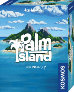 Brettspielbox mit Insel, Palmen und Wasser im Meer.