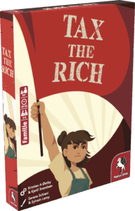 Brettspielbox mit dem Titel TAX THE RICH und einer Illustration einer jungen Frau.