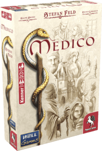 Brettspiel-Box mit mittelalterlichen Szenen und Schlangen.
