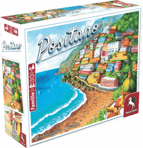 Brettspiel Positano mit bunten Häusern an der Küste.